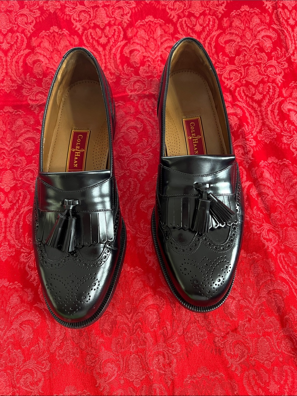 Cole Haan Black Leather Tassel Kiltie Loafers Men's 12D Wingtip Slip-On Dress Sh